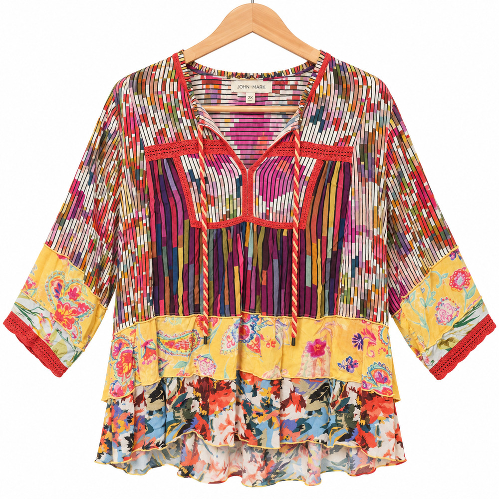 John Mark Tunic Top Womens Plus Size 2X Multicolor Floral Ruffle Boho Festival